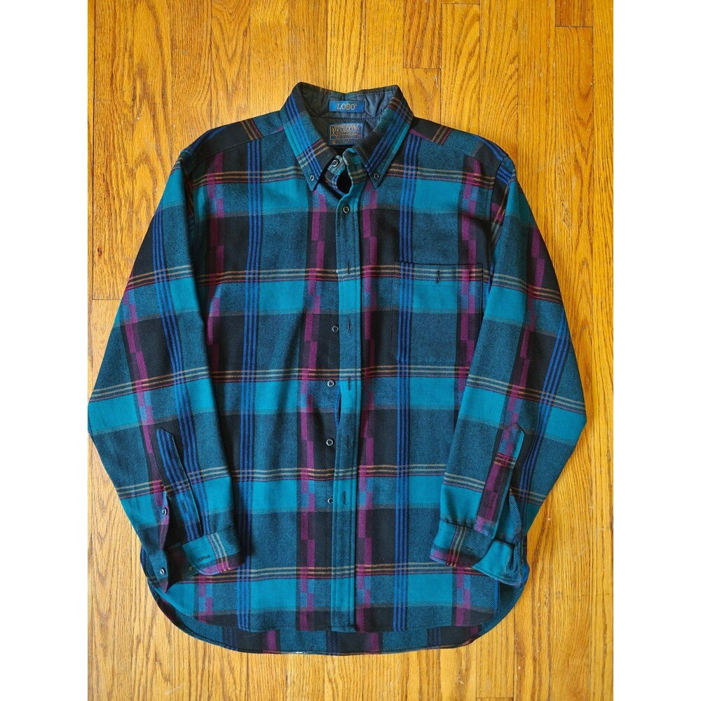 Vintage Pendleton Lobo Wool Flannel Shirt Blue Purple Plaid Men’s L Made In USA